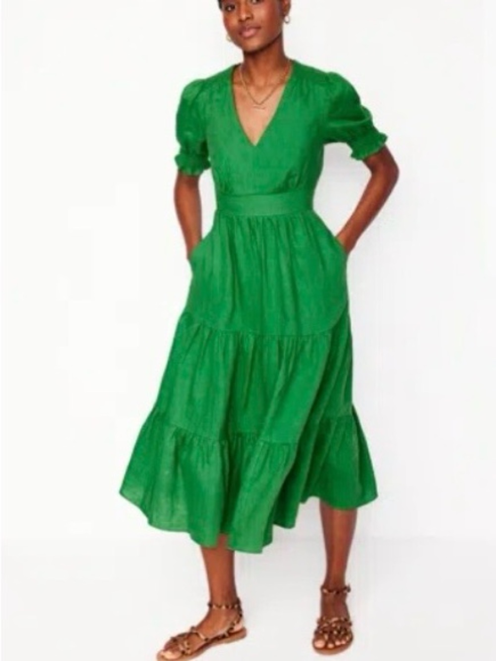 Boden Green Anna Linen Tiered Midi Dress